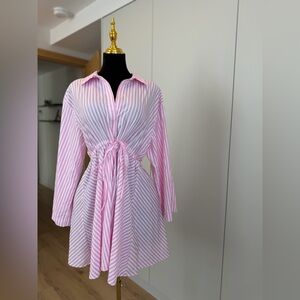 Dress Shirt with Channel Front in Pink and White Stripe